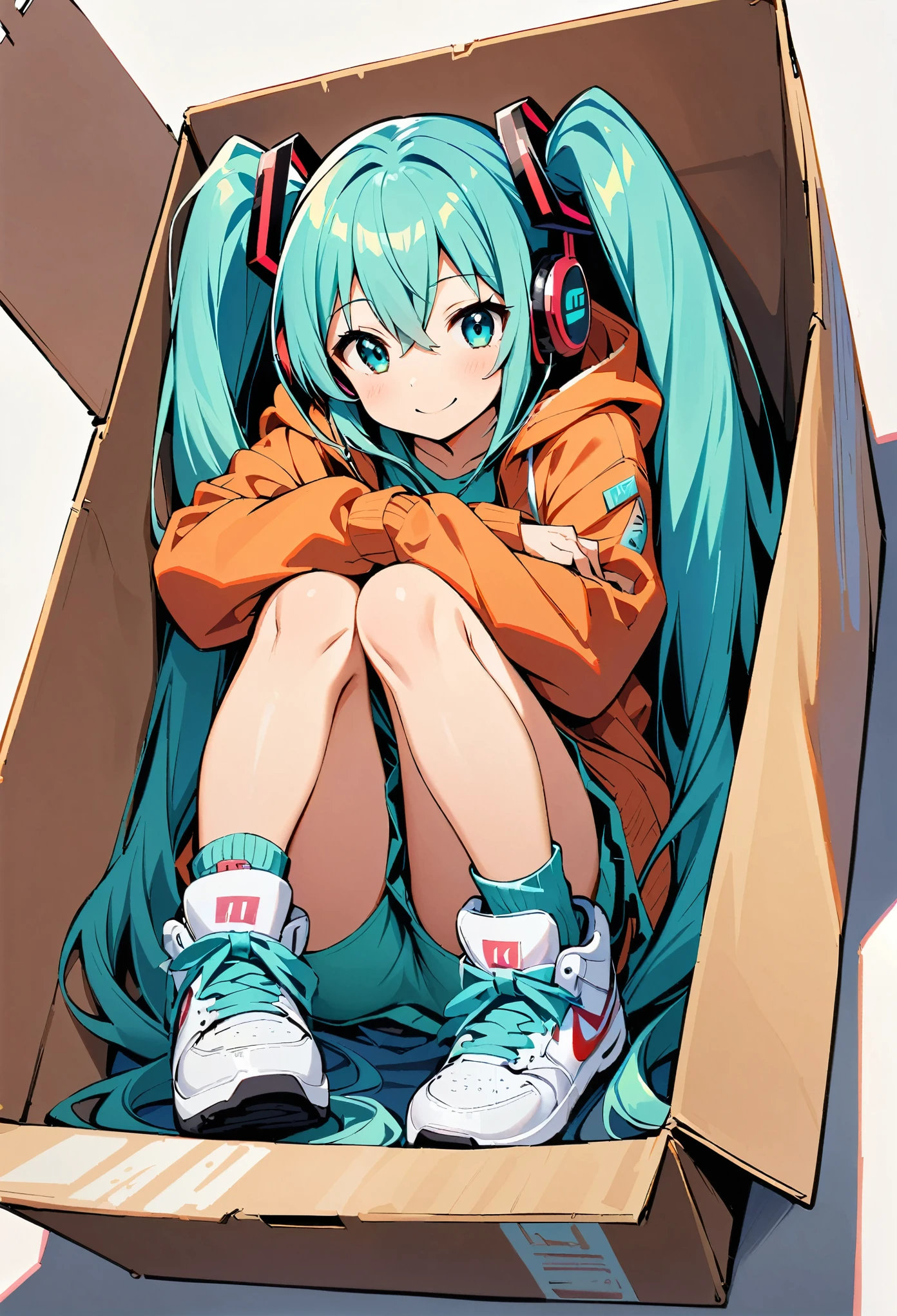 hatsune miku, One girl, Aqua Eye, Aqua Hair, bangs, whole body, Hair between the eyes, Headphones, Long Hair, Long sleeve, shoes, sneakers, shoes下, Twin tails, very Long Hair, (smile:1.1), alone, Came in a box, BOX, Red fabric, In the container, in BOX, Jacket, Partially covered by the sheets, Red sheets, See-through, Simple Background, White Background, White footwear,
