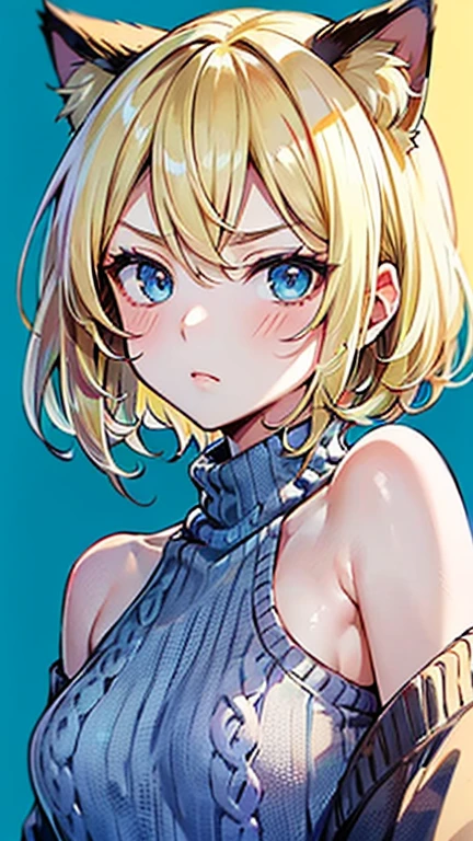 (Darjeeling,Nishizumi Shiho,Nishikinuyo),

One Woman,

(Blonde:2.00),
(Hairstyle:Short Hair),Bobcut,

Early 30s,Natural skin texture,Narrow waist,Thin type,Adult atmosphere,
(Asian Skin:1.9),Height: 170cm,Japanese Girl,,
Blue Eyes,Small breasts,Princess,

(((Sweater with shoulders:black,Cat ear,dark heroine))),

((ID photo:1.8,Plain cerulean blue background:1.6,Capture your subject from the front)),
(expression(anger),upright posture,Closed Mouth,narrowed eyes,blush),
(valley),Condescending attitude,

Natural depiction,
Beautiful depiction,
Shiny eyes,
Healthy Body,
自然なHairstyle,
Natural body contours,
Natural facial contours,
(Five fingers)Absolute depiction,Symmetrical fingers,
Two arms,
Two legs,
Sharp eyelid depiction,
Symmetrical eyes,Symmetrical eyes,
Keep the subject in the center,Expand the upper body,
Beautiful image quality,
Delicate shades,
4K,Very detailed,
Delicate light adjustment,
Delicate contour drawing,