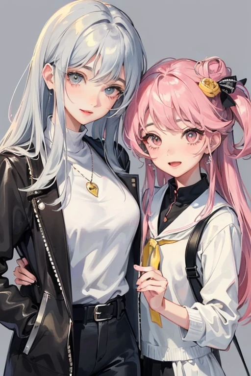 ((Highest quality)), ((masterpiece)), (detailed),1 illustration、Beautiful background Two girls、A good friend、First pink hair、Yellow star hair ornament、Cute droopy eyes、Calm and cute clothes、Cute smile
、Second person: Gray hair、Long Hair、Slanted Eyeature smile、Calm and cute clothes