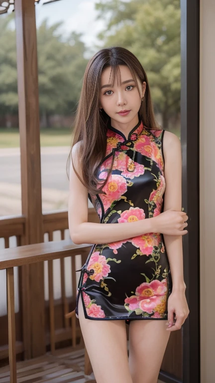 (top-quality、超A high resolution、​masterpiece:1.3), Midhair with bangs, Detailed moisturized eyes, Textured skin, Best Quality, in 8K, blurry backround, (Colossal , long legged, Legs exposed through slits), Natural Color Lip, ssmile, Woman with perfect style, You're in a high-traffic area, (Girl in cheongsam with colorful pattern:1.2), Facing the front, Looking at the camera
