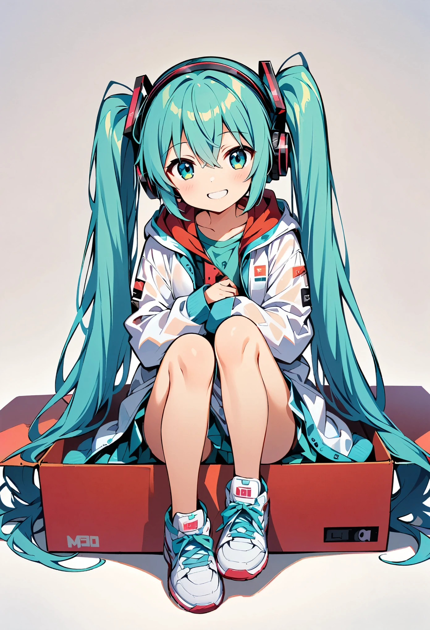 hatsune miku, One girl, Aqua Eye, Aqua Hair, bangs, whole body, Hair between the eyes, Headphones, Long Hair, Long sleeve, shoes,  sneakers, shoes下, Twin tails, very Long Hair, (smile:1.1), alone, Came in a box, BOX, Red fabric, In the container, in BOX, Jacket, Partially covered by the sheets, Red sheets, See-through, Simple Background, White Background, White footwear, 