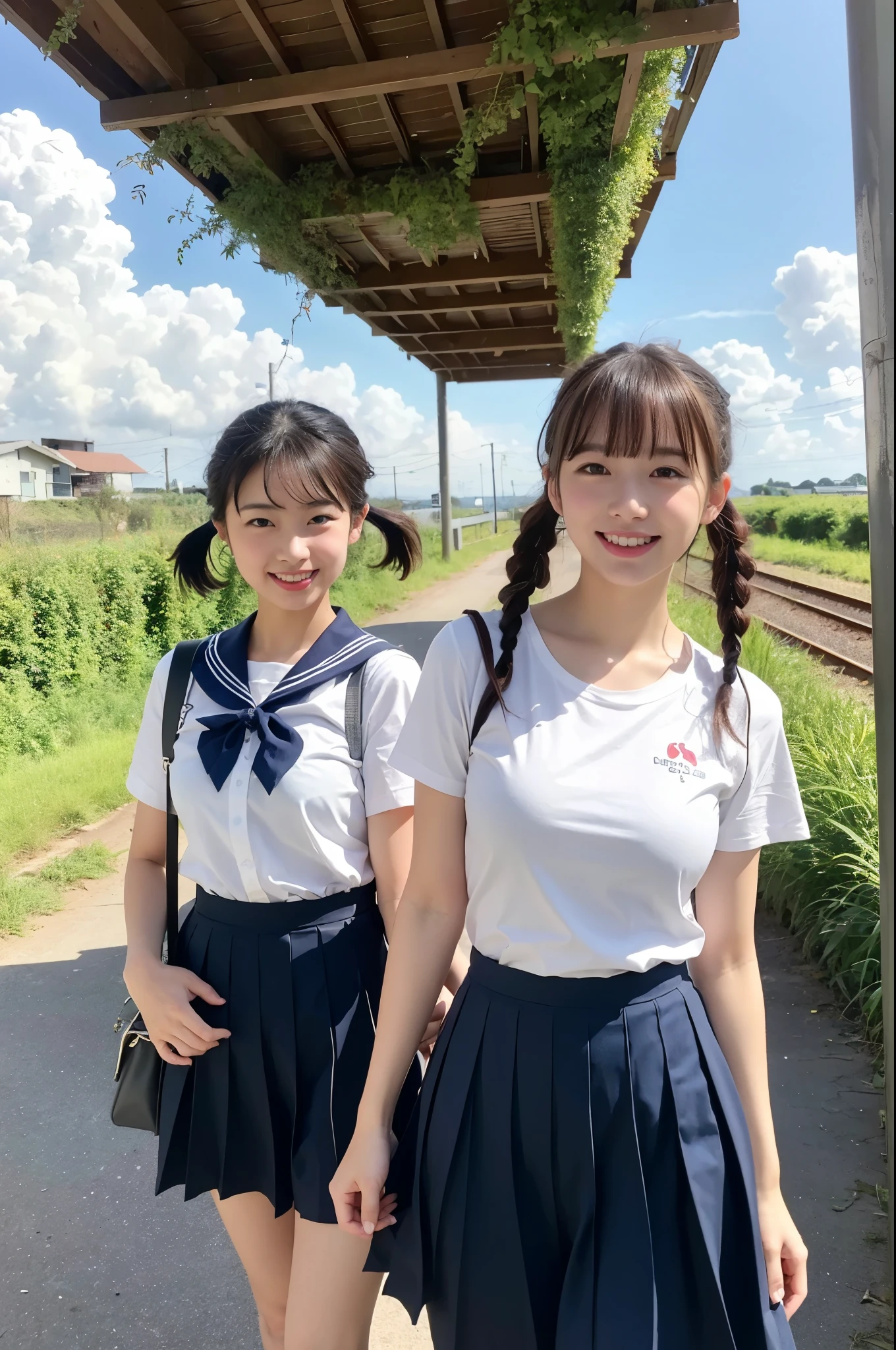 2 girls walking in rural station,long train on far side,cumulonimbus cloud in summer sky,short-sleeved white sailor shirt,navy blue pleated skirt,18-year-old,bangs,a little smile,thighs,knees,short hair with low pigtails bunches,from beside,front light