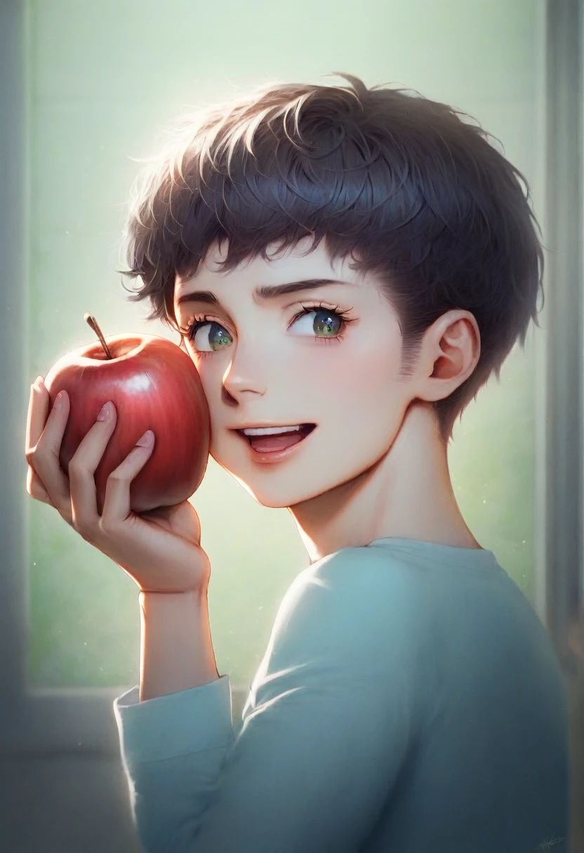 A boy in anime style laughing at an anime style joke while holding an apple, a very serious anime style girl who didn't like the joke and grabbing an apple with disgust, beautifully detailed eyes, beautiful detailed lips, extremely detailed eyes and face, long eyelashes, digital painting, intricate details, vibrant colors, dynamic lighting, whimsical, kawaii, (best quality,4k,8k,highres,masterpiece:1.2),ultra-detailed,(realistic,photorealistic,photo-realistic:1.37),HDR,UHD,studio lighting,ultra-fine painting,sharp focus,physically-based rendering,extreme detail description,professional,vivid colors,bokeh,anime