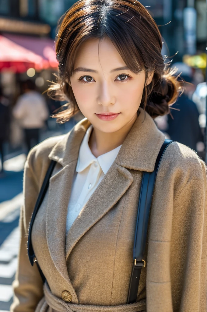 (Photorealistic), (ultra high realistic), (Ultra high definition), (ultra high detailed), (Increase contrast), (Increase saturation), (15yo girl), (light skinned)A pretty woman with perfect figure, Cute face, beautiful expression, (Lifelike face), Beautiful hairstyle, Realistic eyes, beautiful detail, (real looking skin), Beautiful skins, enticing, The ultra -The high-definition, A hyper-realistic, Realistic, Very detailed, Japanese, Semi-long curly hair, Bangs, (Brown hair), (slim figure), (Cute idol of Japan walking in light brown wool coat and knee-high boots, Tartan check)((a miniskirt:1.2,)) Burberry, Burberry Check Scarf:1.3, knit hat, Fall Winter 2023-2024), (), Gentle smile, Brown hair, ( earrings ), (Supermodel Figures), From below:1.3, In a row of ginkgo trees, Long, Magnificent ginkgo trees lined with autumn leaves on both sides of the road, Autumn, golden leaves, A road with many fallen leaves that look golden:1.3, Filled with fallen leaves:1.3