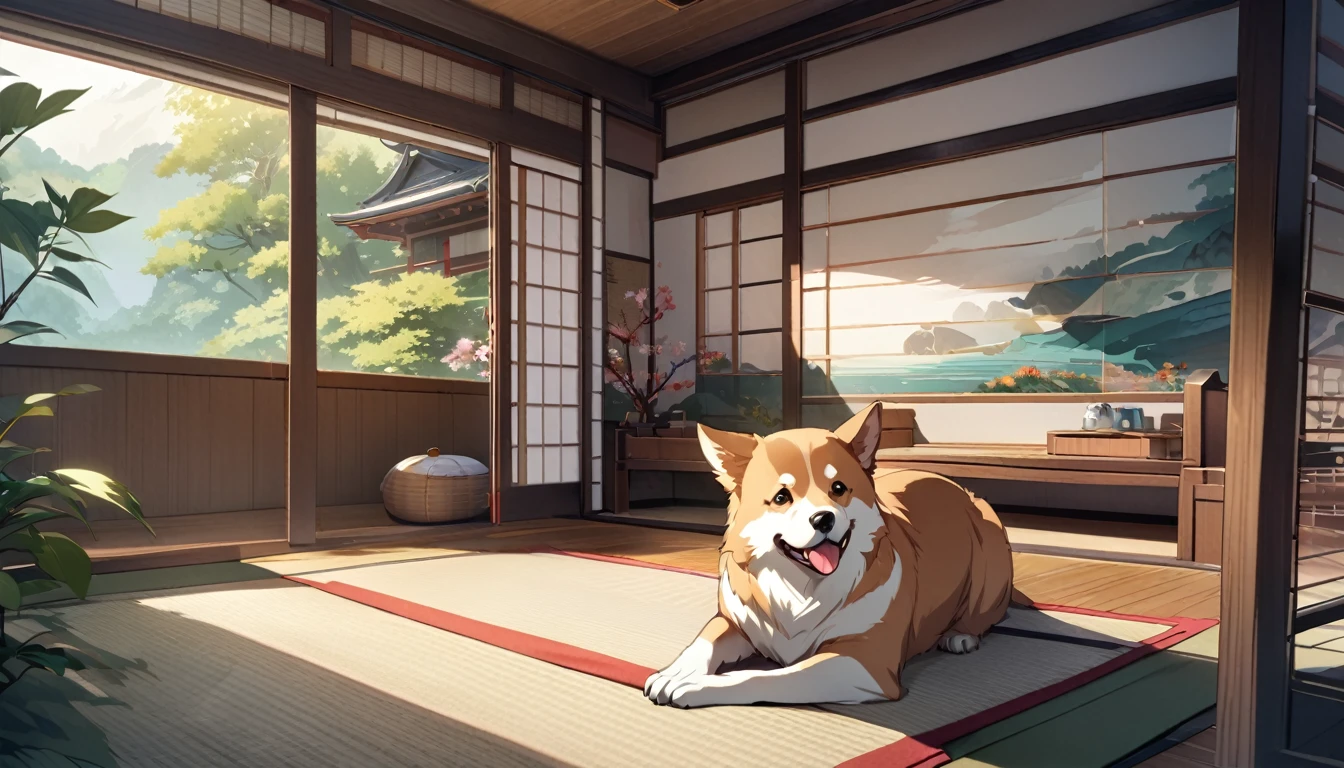 Solo, no humans, animals, dog hitting the fan, animal-centered, masterpiece, highest quality, cute, detailed description, natural scenery, relaxing,Japanese style room