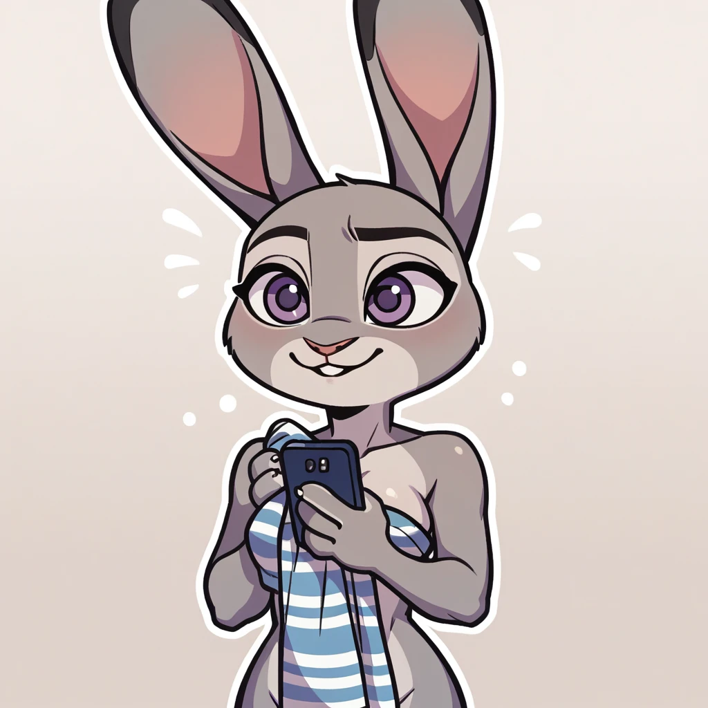 score_9_presence, score_8_up, judy hopps, wrapped in towel, medium breasts, holding phone