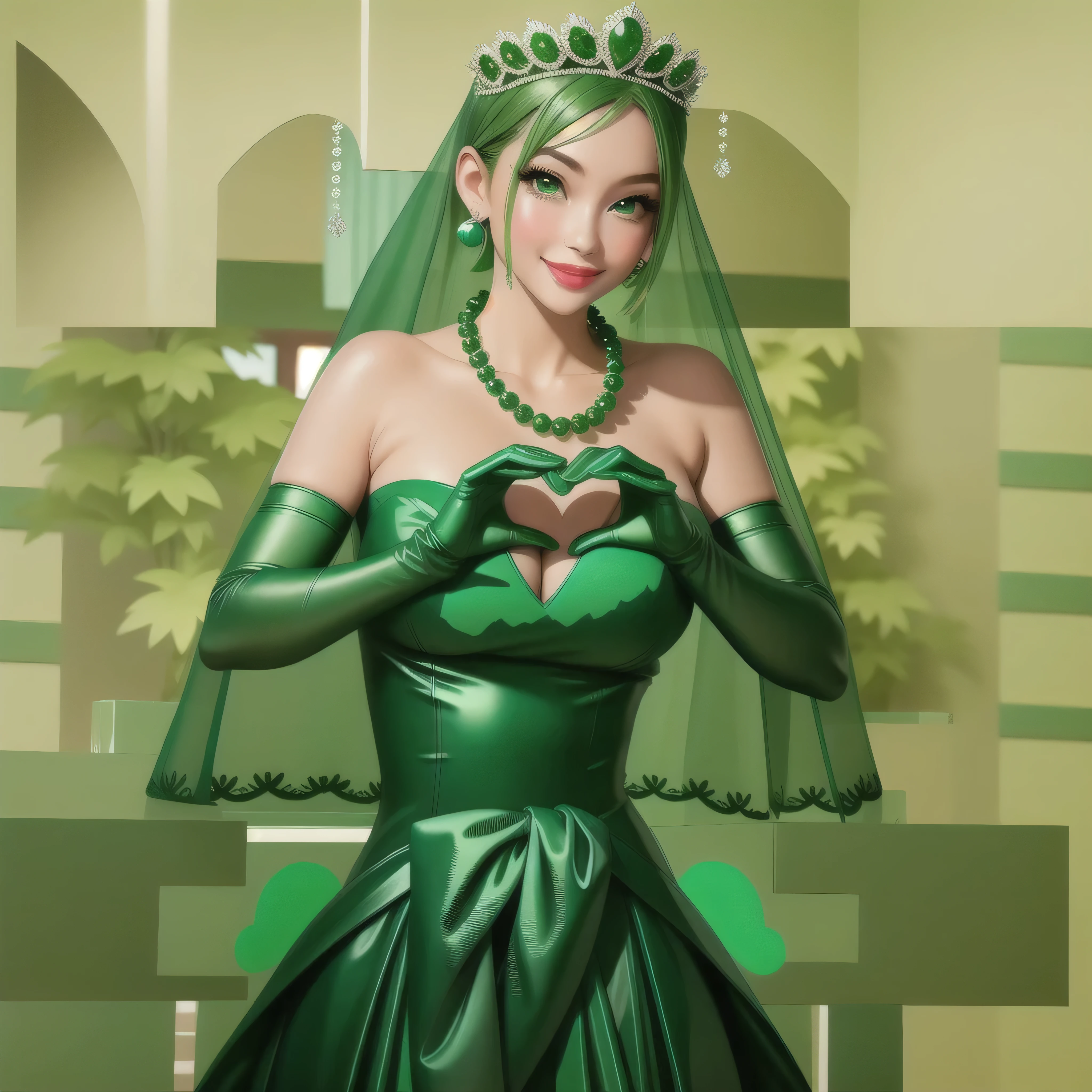 emerald tiara, Green Pearl Necklace, Boyish very short green hair, Green Lips, Smiling Japanese woman, Very short hair, Busty beautiful lady, Green Eyes, Green satin long gloves, Green Eyes, Emerald Earrings, Green veil, Heart with both hands, Green Hair, Beautiful Japanese Woman, Heart shaped hands:1.3, green lip gloss