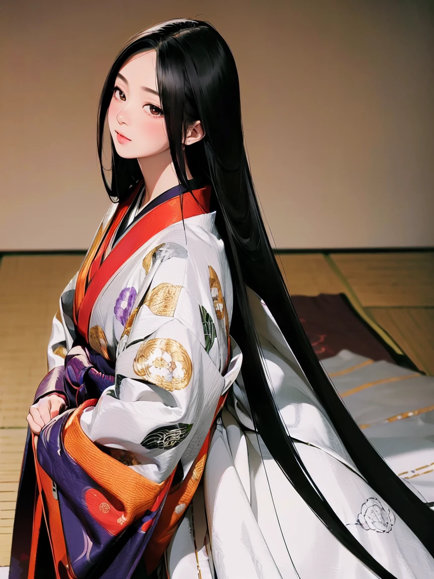 (Solo Japanese Girl:1.3), (Straight Long Hair, Shiny black hair:1.3), Karagin Jacket, Long hakama, 5 piece garment cuffs and chest, Wearing Imperial Kimono, Empire Pattern, (from the front), (Cowboy Shot), (Leaning forward, look up, From above:1.3), (((masterpiece, Super detailed, Highest quality, Ultra-high resolution, Great quality, Exceptional Quality, Super detailed, Unity 16K, Ultra-photorealistic))), (Moe anime art style:1.5),