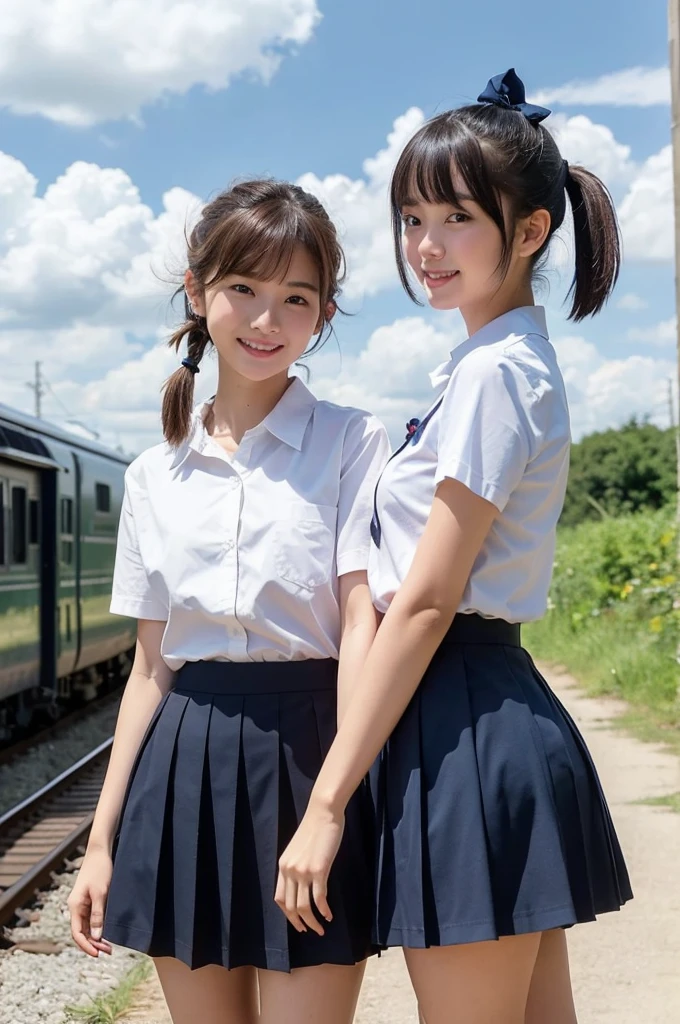 2 girls in rural station,long train on far side,cumulonimbus cloud in summer sky,short-sleeved white sailor shirt,navy blue pleated skirt,18-year-old,bangs,a little smile,thighs,knees,short hair with low pigtails bunches,from beside,front light