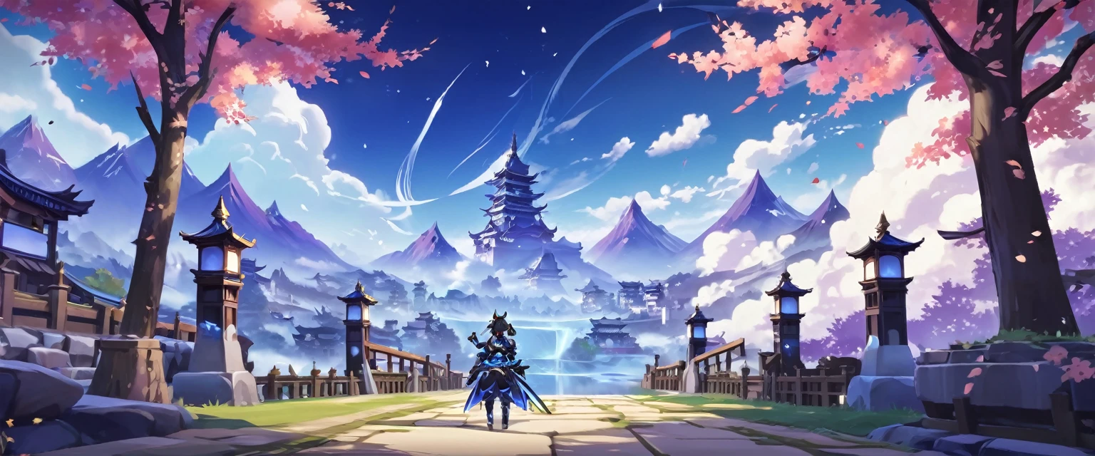 come up with a nickname and design for a channel that makes videos on the game Genshin Impact, no characters, No characters, gaming background, background from the game, design, banner, стильный design