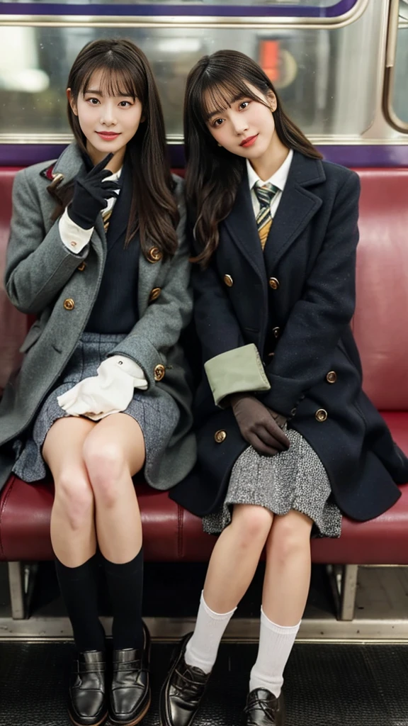 A photo of two mature gal high school girls with flashy hair wearing cute pea coats with leather shoes and shiny, thin, short black leather gloves.,Inside the train,Voyeur,Heavy makeup face,cross the her legs,Ultra-detailed face, open eyes,((Legs crossed)).Smelly socks, Ultra Mini Skirt,She looks at the photographer with an inviting expression.,School Bags,This photo was taken in daylight with soft lighting..、The girls are sitting on train seats.。. This photo was taken by someone on their cell phone..、Apparently it was posted on Snapchat.。.