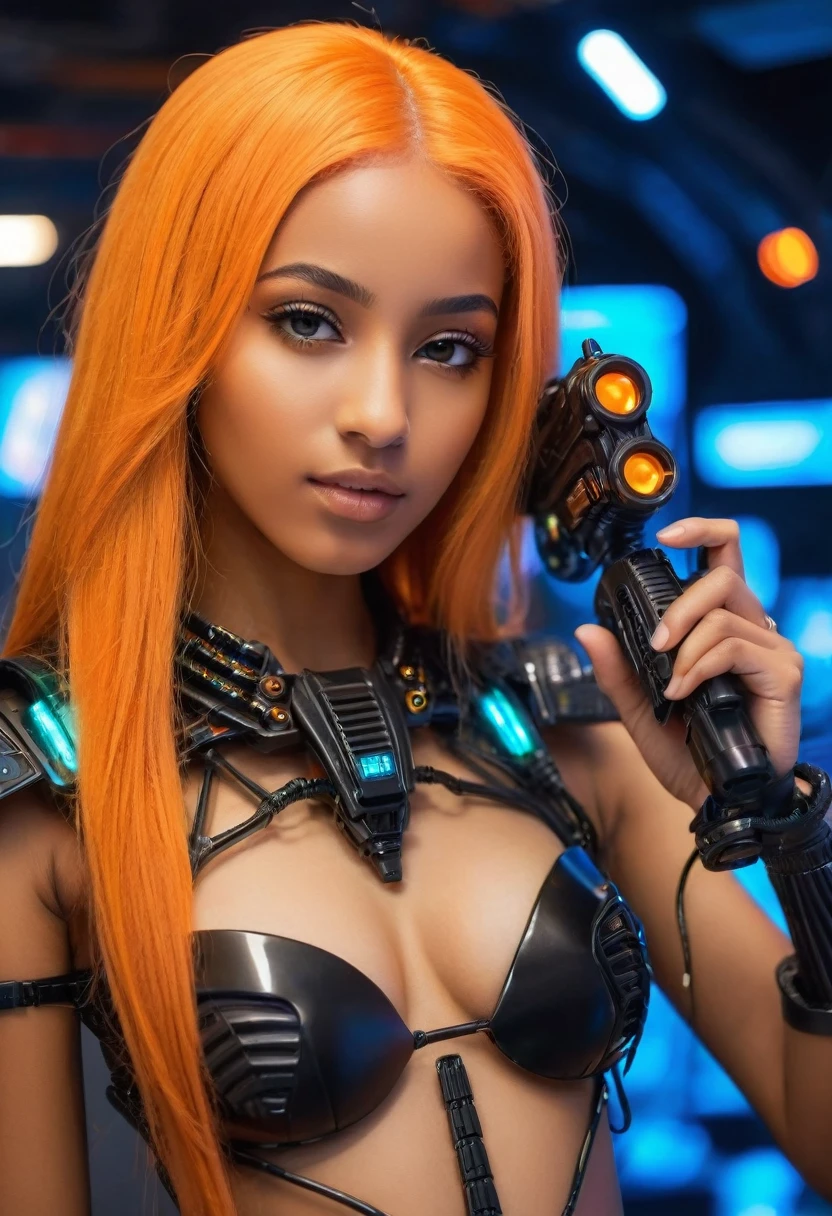 close-up,full length, without clothes cute sexual black arabic 17 years girl wears an insectoid exoskeleton made from glass parts,holds in hand and shoots me from high tech pulse neon gun , looking at me, flirt, love me, cybernetic parts of body,long straight orange hair, against the backdrop black Egyptian piramids, ultra high quality detailing
