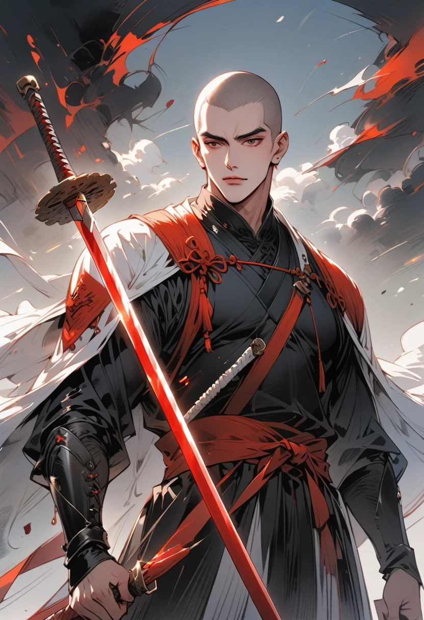 Chinese swordsman，Male swordsman，muscular，Short curly hair，Buzz Cut，Explosive muscles，Spandex tights，Handsome，perfect pupils，Simple lines，Abstract Art，Holding a red long sword，