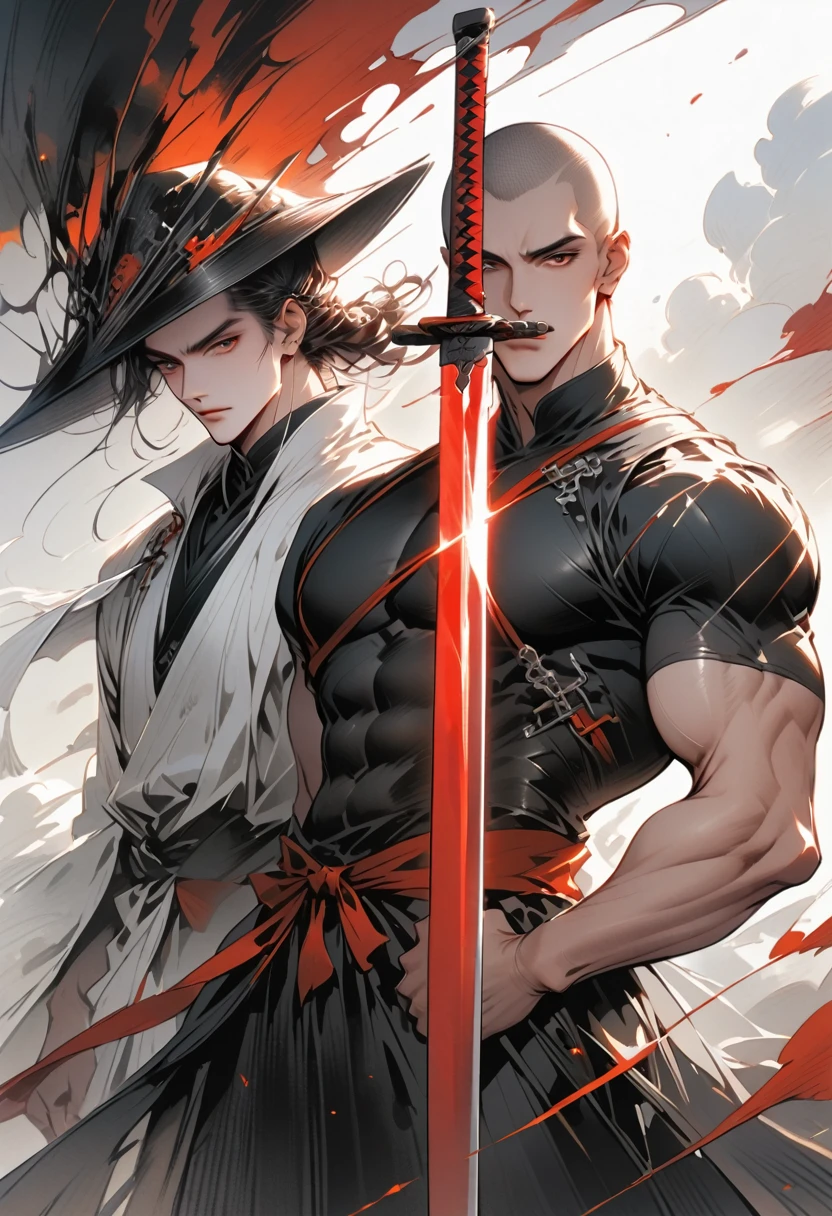 Chinese swordsman,Male swordsman,muscular,Short curly hair,Buzz Cut,Explosive muscles,Spandex tights,Handsome,perfect pupils,Simple lines,Abstract Art,Holding a red long sword,