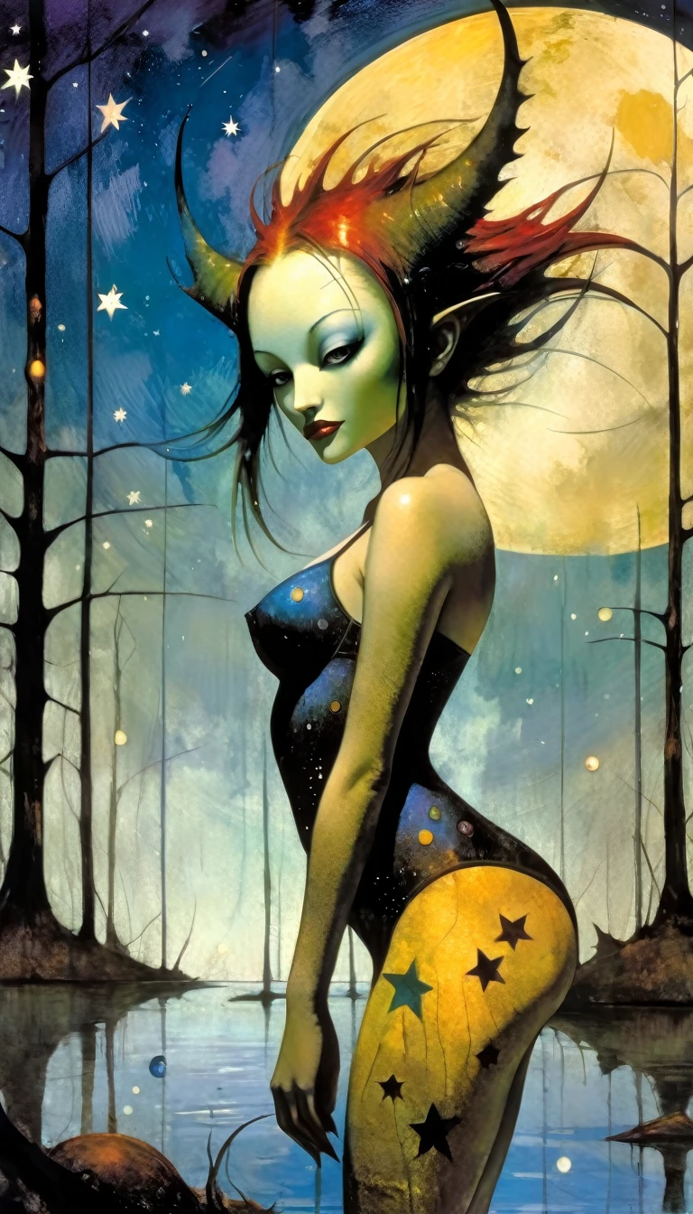 sexy monster girl in a lake, lingerie, perfect ass, magic, forest, fantastic, night sky, moon, stars, background, (simple oil painting in a style to Bill Sienkiewicz) (best quality,4k,8k,highres,masterpiece:1.2),ultra-detailed,(realistic,photorealistic,photo-realistic:1.37),intricate details,vivid colors,sharp focus,professional,Dave McKean artwork, oil touch of surrealism,oil painting style
