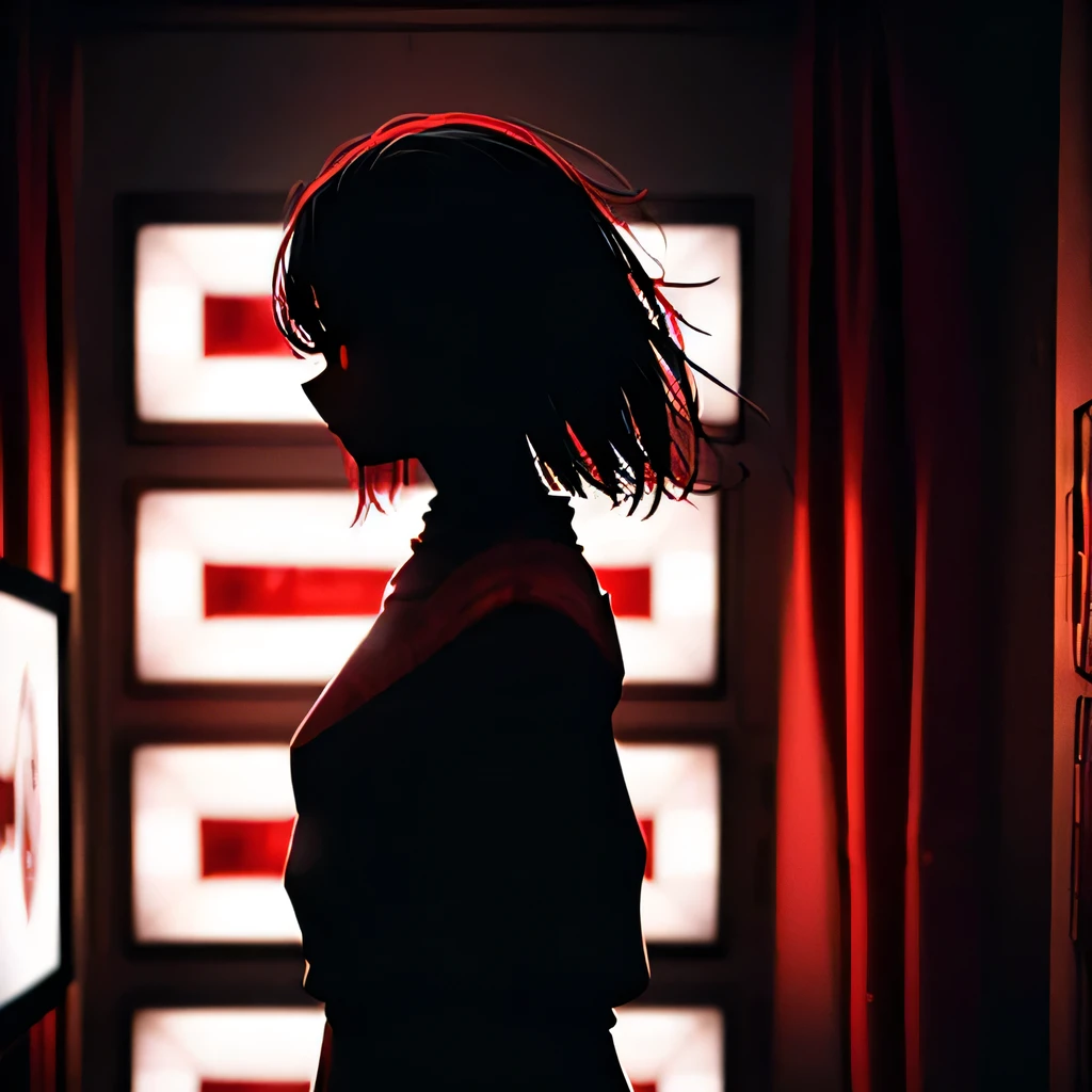 I want a large cinema screen where there's a person on the screen and in front of the screen: a masterpiece. A woman with red eyes stands in front of a window. Her beautiful eyes are visible on a large monitor screen in the background. A girl is in the center, her silhouette standing out. The red lighting highlights her red eyes and the blood. The room is detailed and dimly lit, with light coming from screens and monitor panels. The panels depict girls, and on these panels, many eyes are visible.
