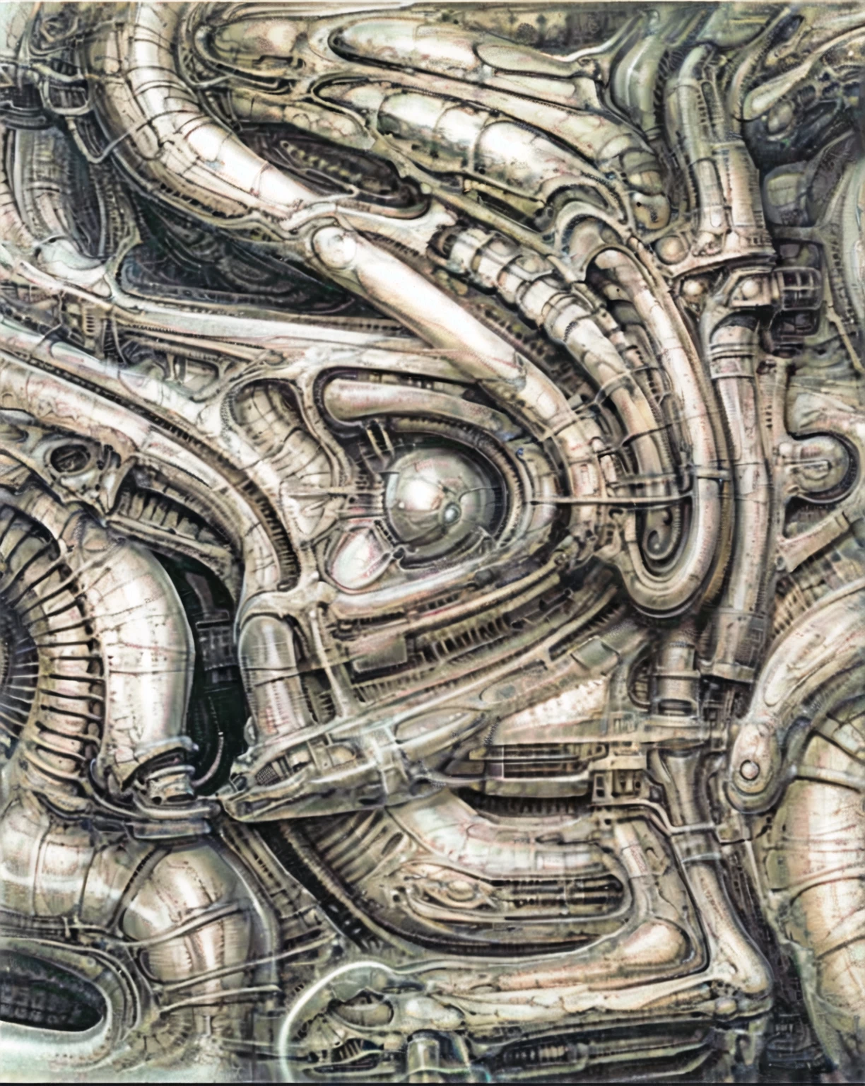 g1g3r, The image is a detailed view of H.R. Giger's \" Biomechanical Landscape No 312 \" plate, featuring a complex network of bones and organs in a purple-brown hue ,swirling gray and brown colors. The image is a 3D rendering of a complex, intricate machine with numerous interconnected tubes and pipes, giving the impression of a highly advanced, futuristic technology.The artwork is silver and purplish brown, with an ivory bones prominently displayed. The image is highly detailed and intricate, almost like a 3d version of a medical diagram (detailed view of an anatomy model, possibly of a human body, with transparent organs and bones exposed). The piece has a thick mechano-organic texture and is covered in fine details. The image has a swirling, organic quality to it. The artistic manner would be unmistakably Gigeresque. A dark and unsettling beauty would permeate the piece, blurring the lines between fascination and repulsion , forever haunted by the grotesque allure. Giger's signature artistic manner would be evident in every stroke. The airbrush would be wielded with masterful precision to create a hyperrealistic yet nightmarish aesthetic.
The texture of ivory with signs of burning and fossilization can be seen in the mix of smooth and rough brushstrokes. By Peter mohrbacher, ooze soaked pajama top