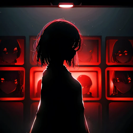 I want a large cinema screen where there's a person on the screen and in front of the screen: a masterpiece. A woman with red eyes stands in front of a window. Her beautiful eyes are visible on a large monitor screen in the background. A girl is in the center, her silhouette standing out. The red lighting highlights her red eyes and the blood. The room is detailed and dimly lit, with light coming from screens and monitor panels. The panels depict girls, and on these panels, many eyes are visible.