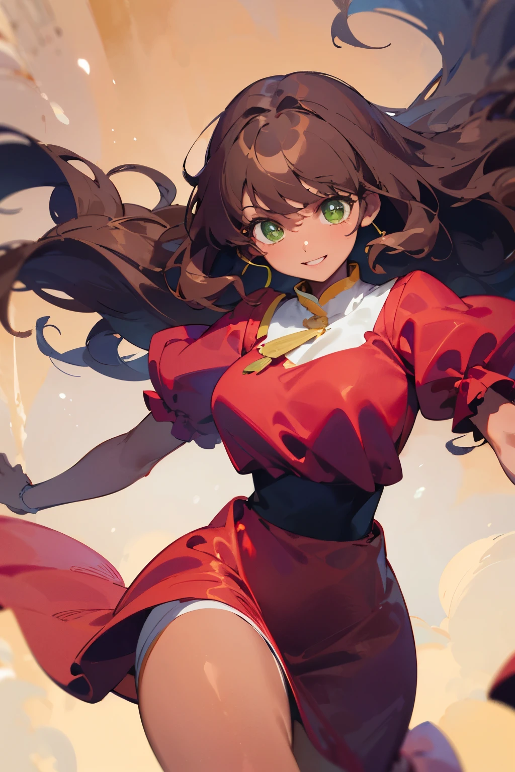 ((best quality)), ((masterpiece)), (detailed), caramel-brown skin, green eyes, anime, tan skin, red dress with red puffy sleeves, long and wavy brown hair worn down. Big innocent-looking green eyes. Proportionate curvy figure. Bubbly and cheerful woman. Long and wavy thigh-length hair. Grinning. wavy bangs. Simple red dress with same colored puffy sleeves. short red puffy sleeves, caramel-brown skin, tan skin, light brown skin, golden brown hair, brown hair, long and wavy thigh-length brown hair, long and wavy shin-length brown hair, bouncy long brown hair, very bouncy long brown hair, big-innocent-looking green eyes, emerald-green eyes with caramel-brown skin, brown skin. Short red puffy sleeves with red dress.