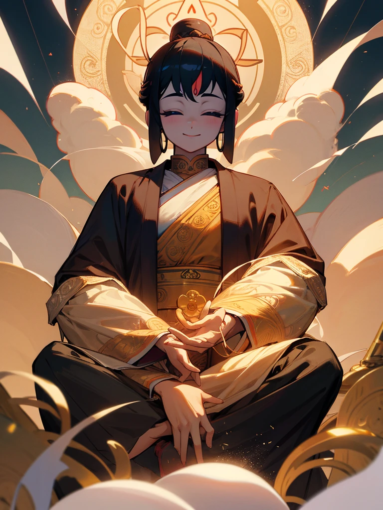 Amitabha Buddha smiling eyes closed buddha posture halo black hair