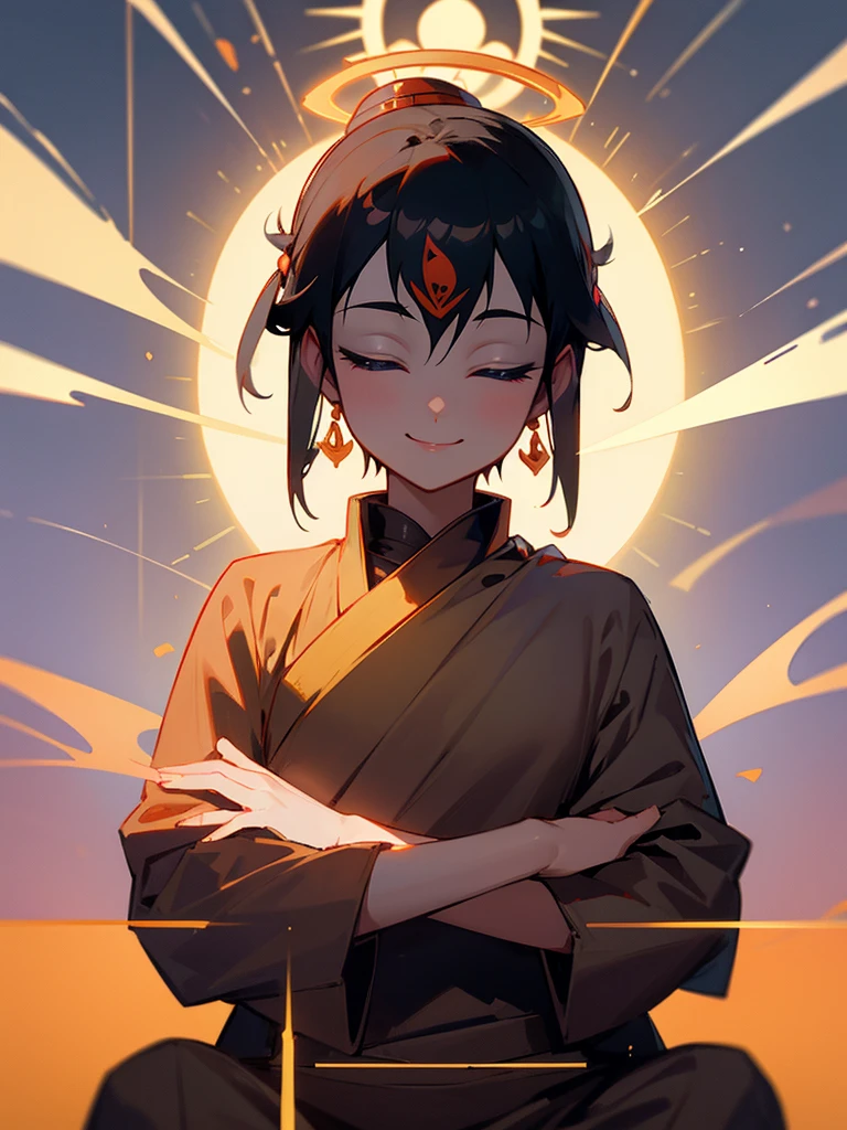 Amitabha Buddha smiling eyes closed buddha posture halo black hair