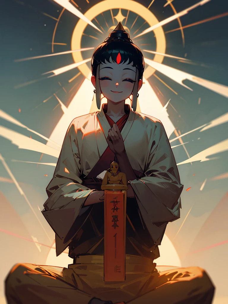 Amitabha Buddha smiling eyes closed buddha posture halo black hair