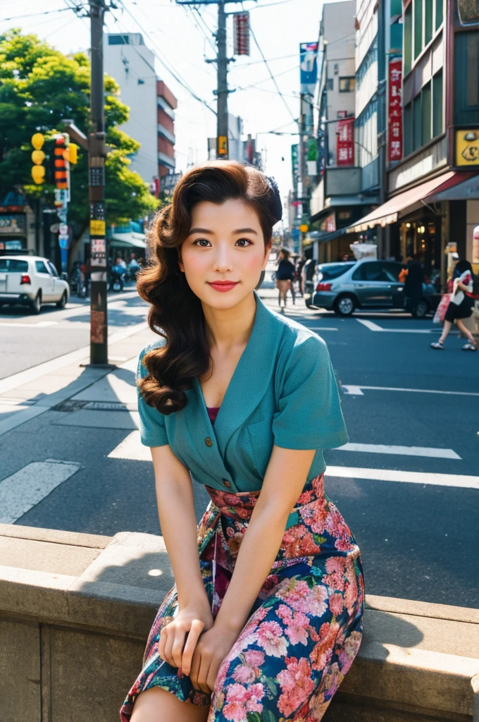 ((Highest quality)), ((masterpiece)), (detailed), Japanese,Street Corner,Beauty,Tokyo,40s,summer