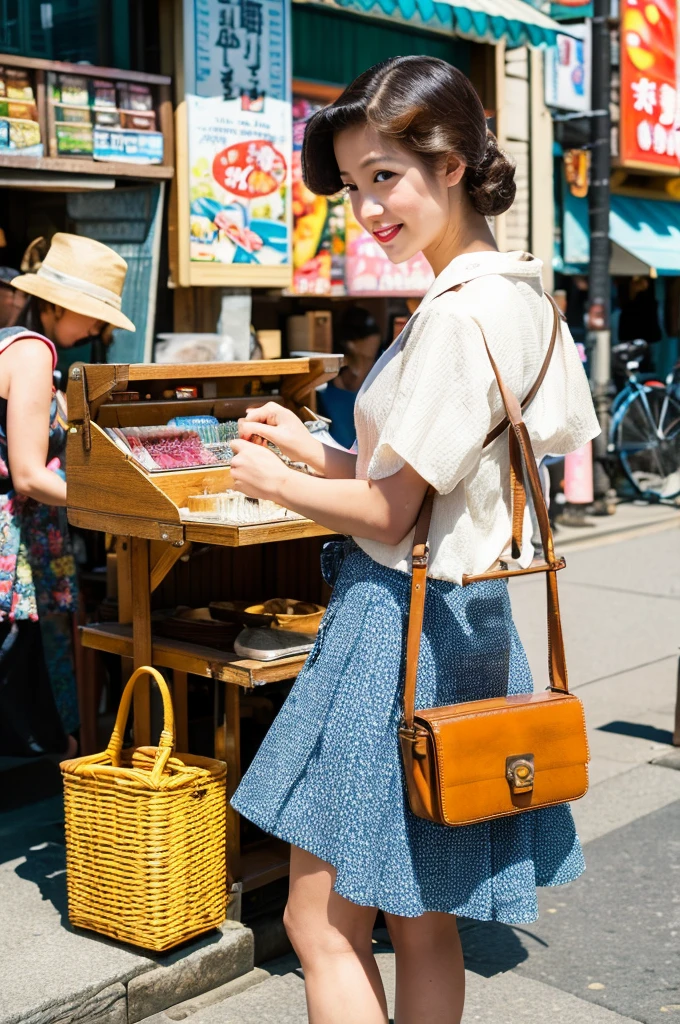 ((Highest quality)), ((masterpiece)), (detailed), Japanese,Street Corner,Beauty,Tokyo,40s,summer