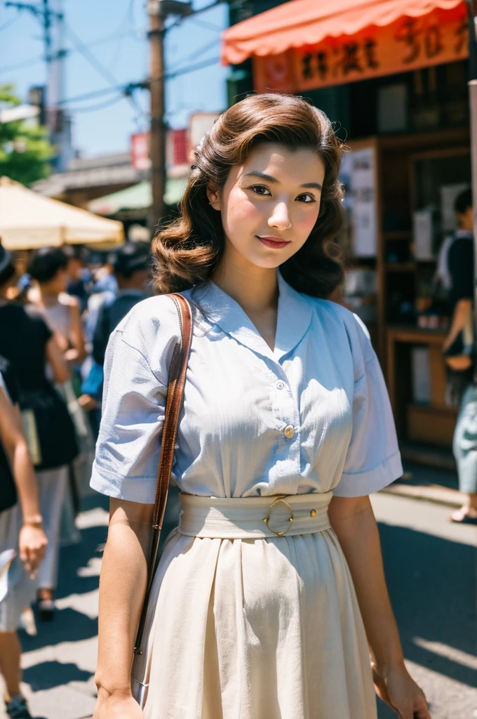 ((Highest quality)), ((masterpiece)), (detailed), Japanese,Street Corner,Beauty,Tokyo,40s,summer