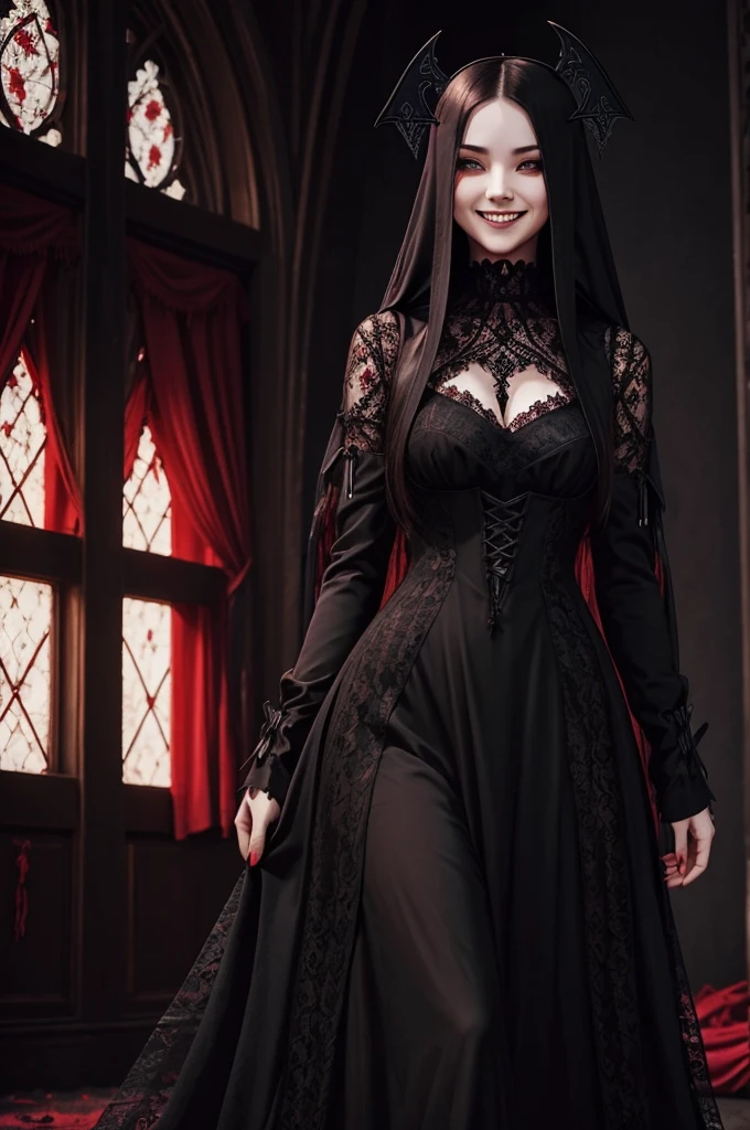 long-haired girl,Wearing a long black lace dress,Shoulders exposed, grin smile,(((((unholy))))),red color eyeystical ambiance))),(((Dark style)))