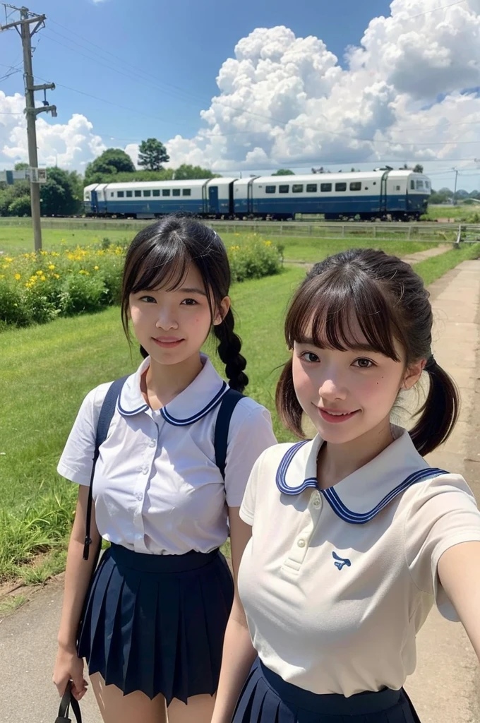 2 girls in rural station,train on far side,cumulonimbus cloud in summer sky,short-sleeved white shirt with sailor collar,navy blue pleated skirt,18-year-old,bangs,a little smile,thighs,knees,short hair with low pigtails bunches,from beside,front light