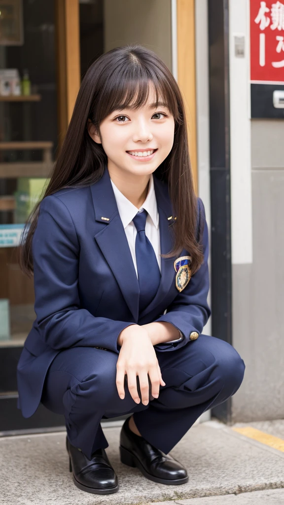 Reality、photo shoot、
Yasuko Tomita、18-year-old、
Hairstyle up、cute、
uniform、squat、
smile、