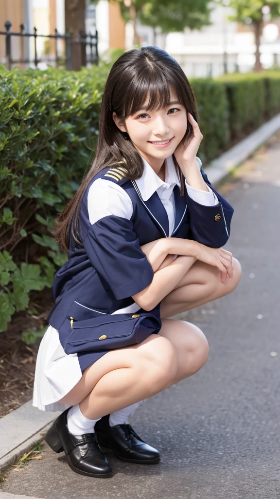 Reality、photo shoot、
Yasuko Tomita、18-year-old、
Hairstyle up、cute、
uniform、squat、
smile、