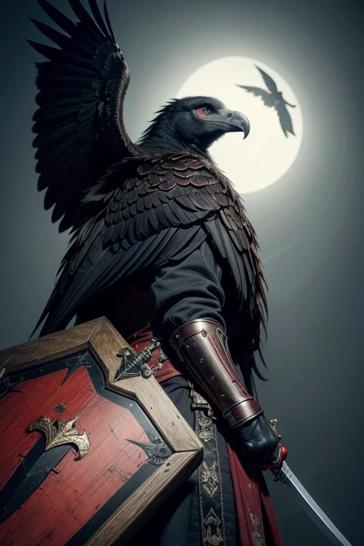 raise an amanial vulture, with shield, and sword, with red and black colors 