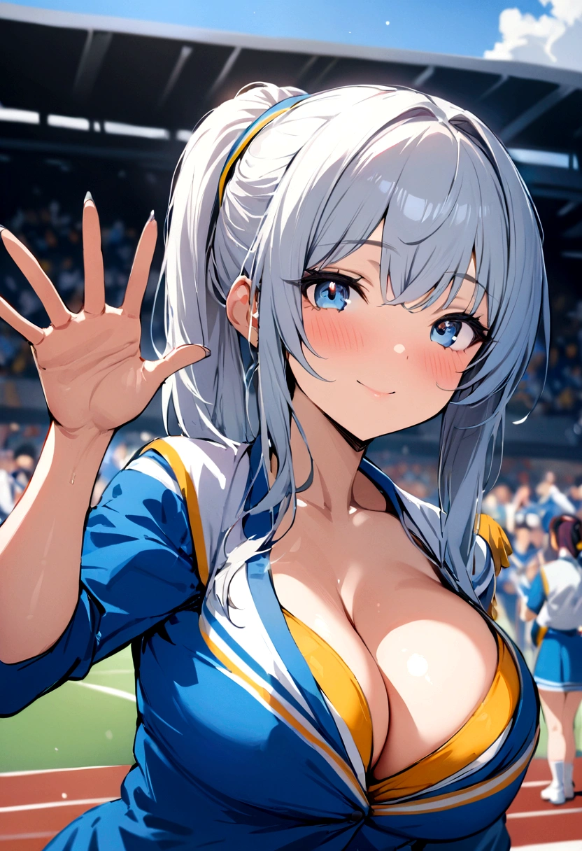 best quality, masterpiece, 1girl, ASİAN, cheerleader, Blue uniform, waving to crowd, upper body、Cleavage