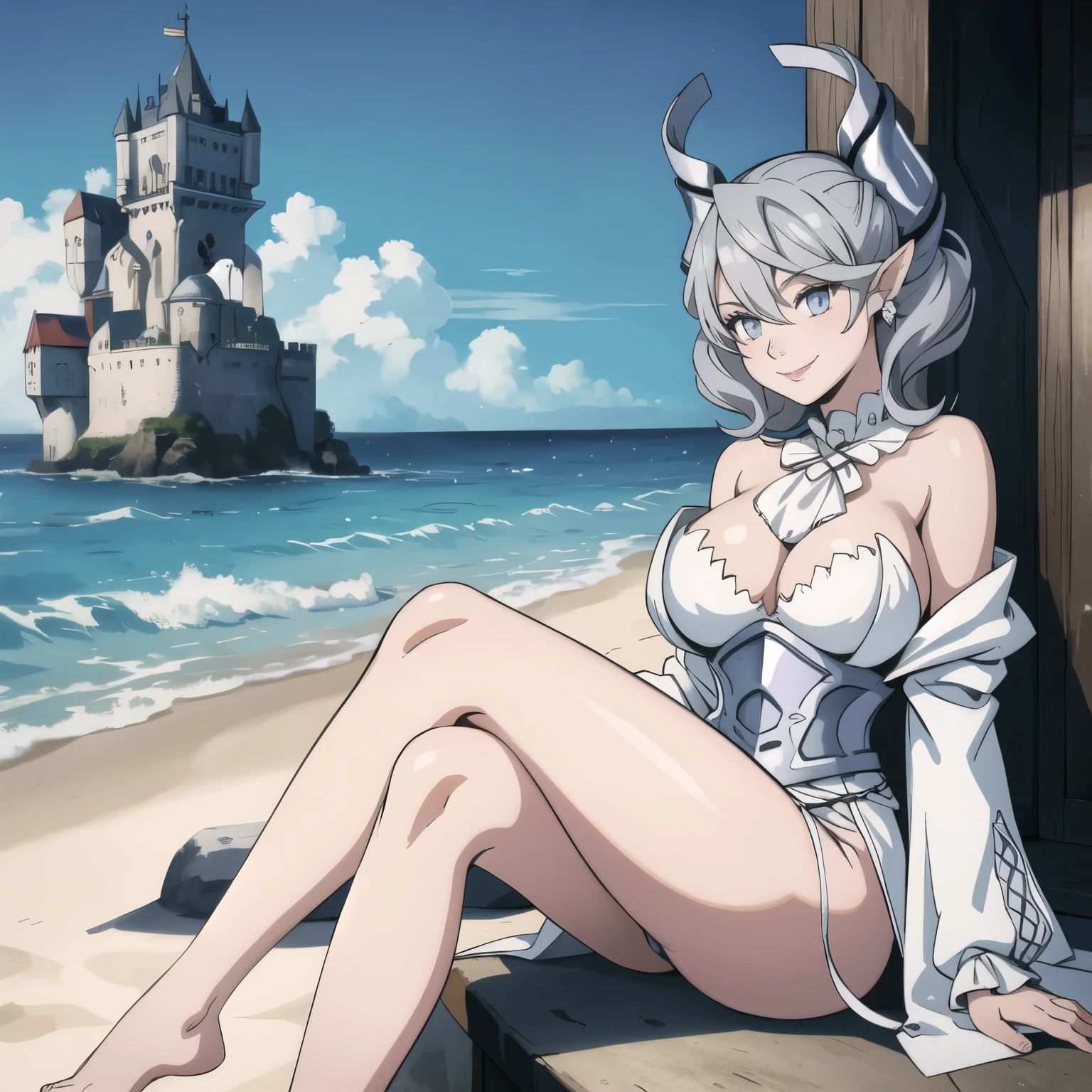 Beautiful arts wallpaper Sunset Outside castle top High level image quality best image quality 8K adult woman silver castle outside more colors whole body view portrait wearing pure white pirate dress horn ears short hair((shortcut)(gray hair)(perm)(fluffy)) eye color is blue , , attractive evil face , smile , beach , labrynth , barefoot , teasing with her breast, , sitting with crossed legs , waves