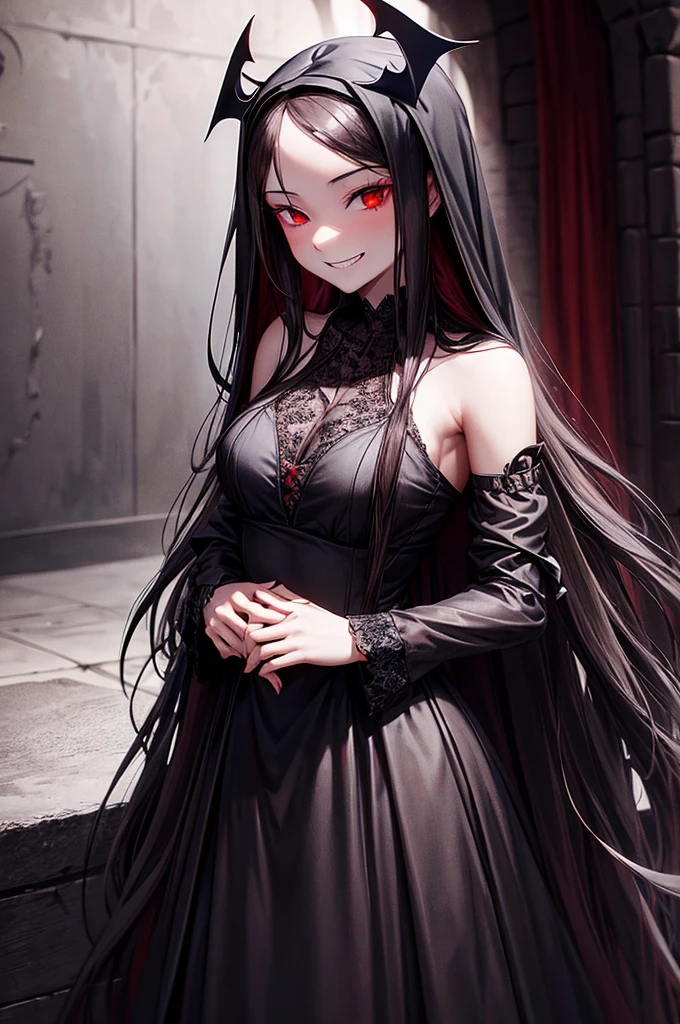 long-haired girl，Wearing a long black lace dress，Shoulders exposed,  grin smile，(((((unholy)))))，red color eyeystical ambiance)))，(((Dark style)))