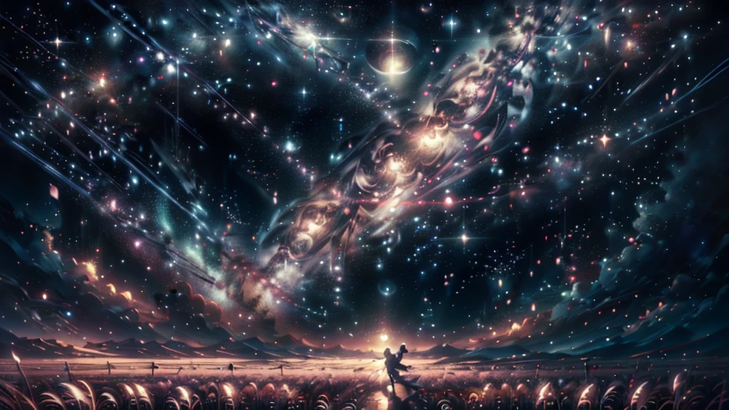 masterpiece、Concept Art、Panorama、central、figure、Wide Shot、Flower Garden、night、(meteor)、Space galaxy background、(壮大な構figure、epic proportion)、Dynamic lighting、Bright colors、cherry blossoms、