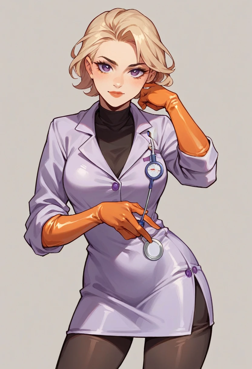 1girl, light hair, ((orange elbow gloves)), ((surgical gloves)), ((latex gloves)), ((long sleeves)) ((purple surgeon outfit)), looking at viewer, ((purple doctor outfit)), standing, solo