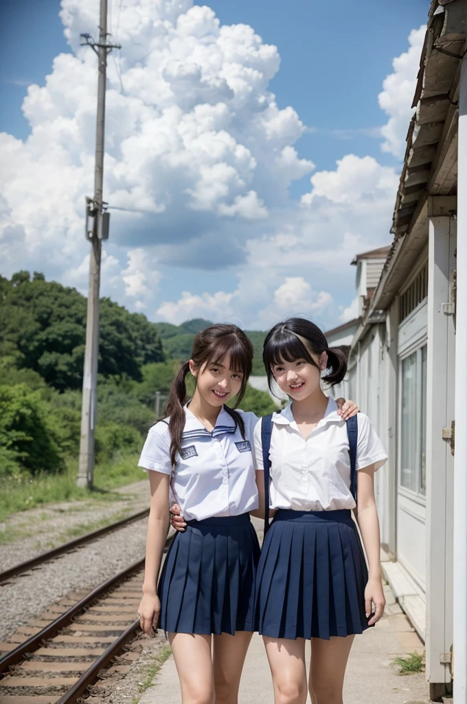 2 girls in rural station,train on far side,cumulonimbus cloud in summer sky,short-sleeved white shirt with sailor collar,navy blue pleated skirt,18-year-old,bangs,a little smile,thighs,knees,short hair with low pigtails bunches,from beside,front light