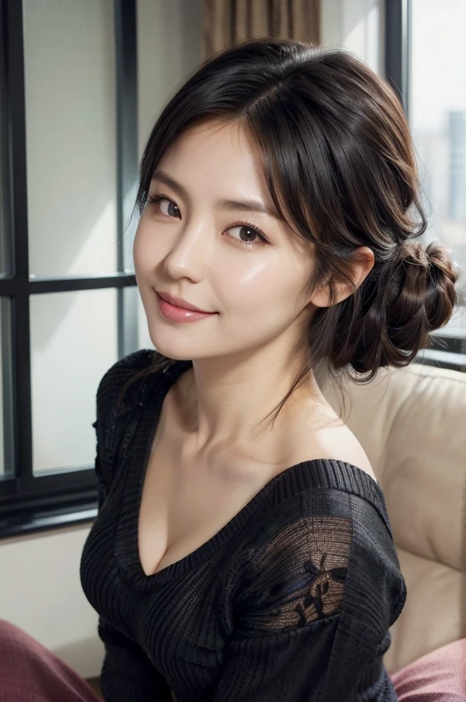 (masterpiece, highest quality, Realistic, High resolution, photograph, :1.3), Sharp focus, 1 Cute Japanese mature woman, 40 years old, Hot Model, gentle face, Highly detailed eyes and pupils, Realistic Skin, ((Voluptuous body:1.2)), ((big tits:1.2)), big ass, Neckline, Highly detailed hair, Delicate face, Sensual look, Bright lips, Chubby lips, Natural Lip, big thick thighs, ((V-neck knit sweater:1.2)), ((black lace pantie:1.2)), ((whole body shot)), looking at viewer, smile, ((from below)), (((Trendy hairstyles:1.2))), (((Inside the room, Stylish interior, window))), spread legs on sofa,