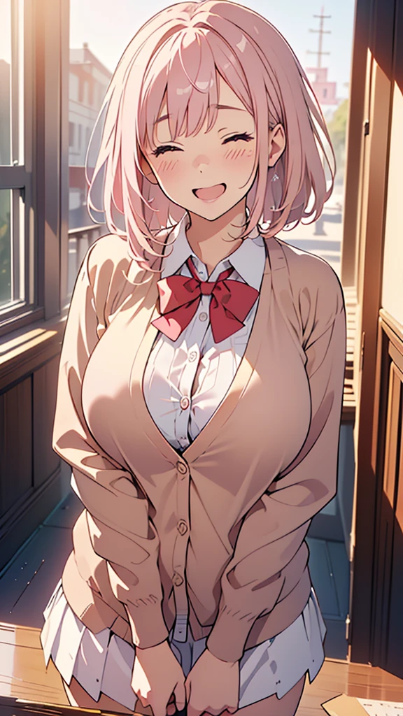8k,(High quality:1.4),(best quality:1.4),(masterpiece:1.4),(huge breasts:1.3),(beautiful face:1.3),(beautiful woman:1.3),(pale pink hair:1.2),medium hair,a mole around the mouth,(enjoy:1.6),(closed eyes:1),(burst into laughter:1.4),(laugh:1.2),(squinting:1.2)(school uniform:1.1),(beige cardigan:1.2),(close-up:1.2),(a red bow tie:1.1),(leaning forward:1.2)