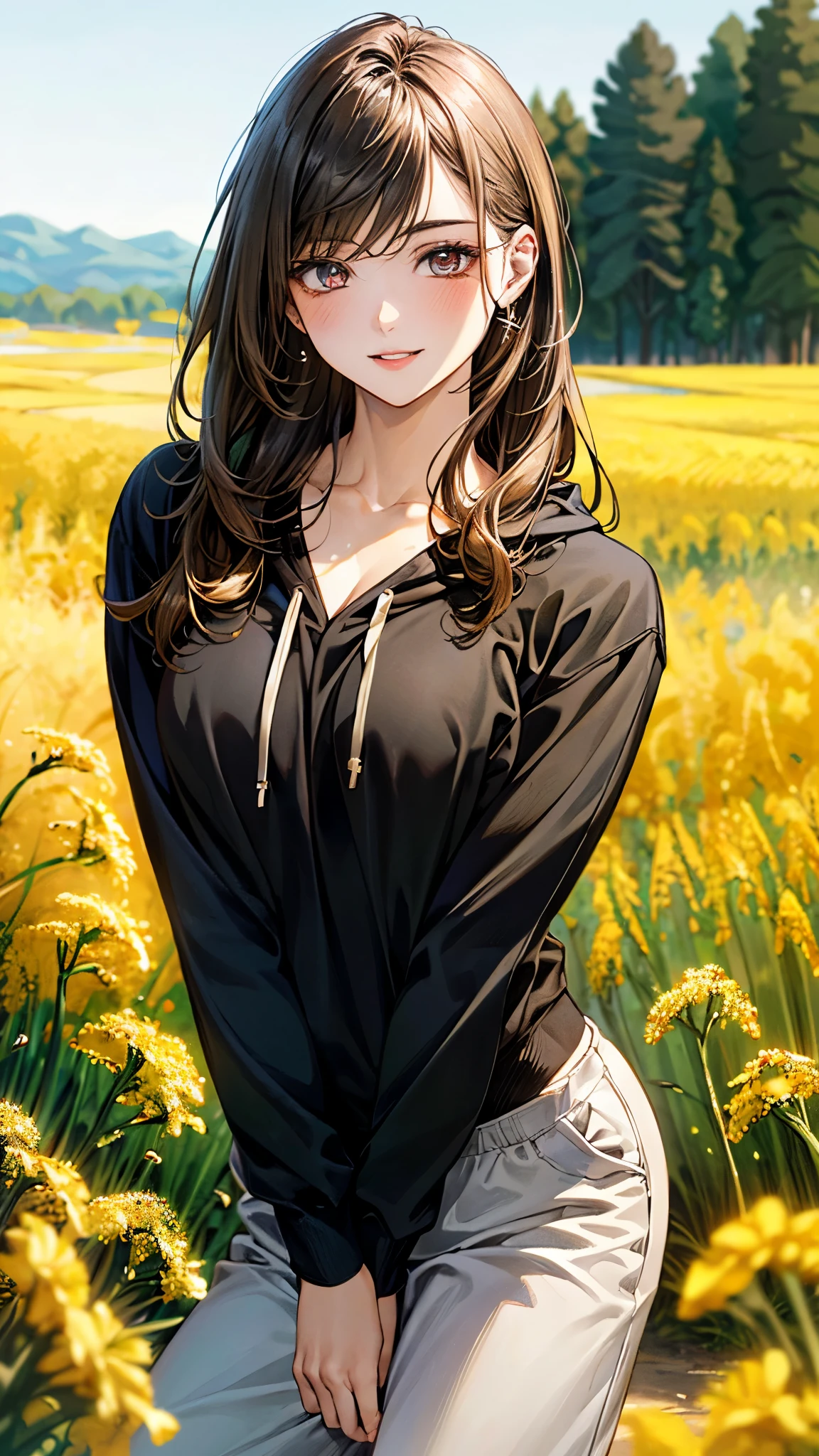 (masterpiece:1.3, top-quality, ultra high resolution, ultra detailed), (realistic, photorealistic:1.4), beautiful illustration, perfect lighting, natural lighting, depth of fields, nsfw,
beautiful detailed hair, beautiful detailed face, beautiful detailed eyes, beautiful clavicle, beautiful body, beautiful chest, beautiful thigh, beautiful legs, beautiful hands,
looking at viewer, (face focus), 1 girl, 19 years old, (perfect anatomy, anatomically correct), cute and symmetrical face, face, perfect face, perfect eyes, shiny skin,
(middle hair, straight hair, light brown hair), swept bangs, gold eyes, big eye, long eye lasher, (medium breasts, seductive thighs), slender, outstanding style,
(black hoodie, silver jogger pant),
(beautiful scenery), evening, (rapeseed field:1.2), arm up, stand in opposing poses, (adult charm, bright smile, parted lips),