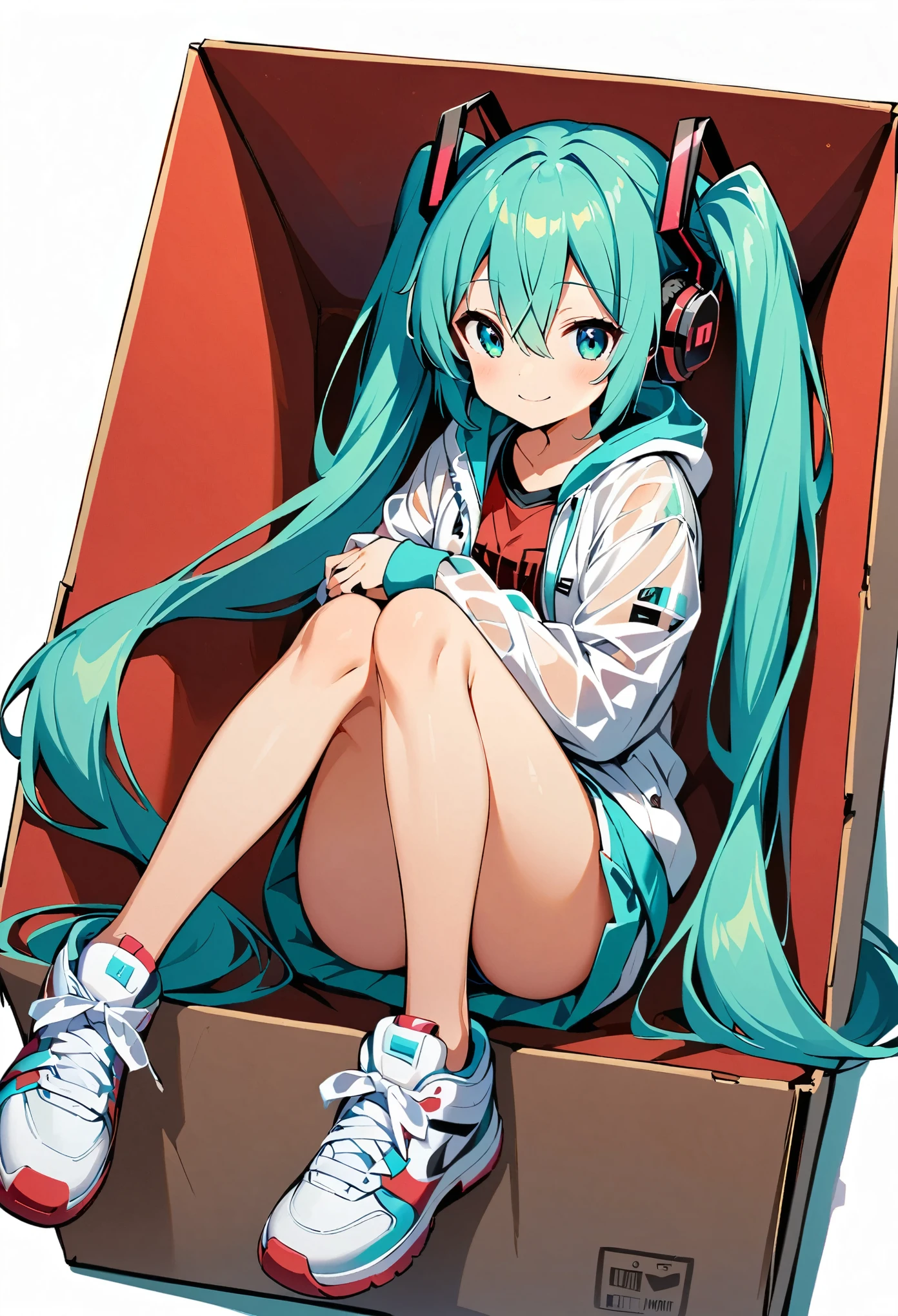 hatsune miku, One girl, Aqua Eye, Aqua Hair, bangs, whole body, Hair between the eyes, Headphones, Long Hair, Long sleeve, shoes, sneakers, shoes下, Twin tails, very Long Hair, (smile:1.1), alone, Came in a box, BOX, Red fabric, In the container, in BOX, Jacket, Partially covered by the sheets, Red sheets, See-through, Simple Background, White Background, White footwear,
