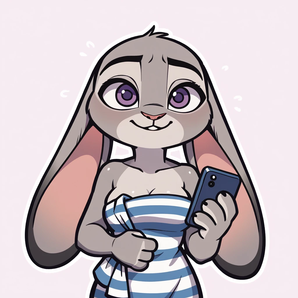 score_9_presence, score_8_up, judy hopps, wrapped in towel, medium breasts, holding phone