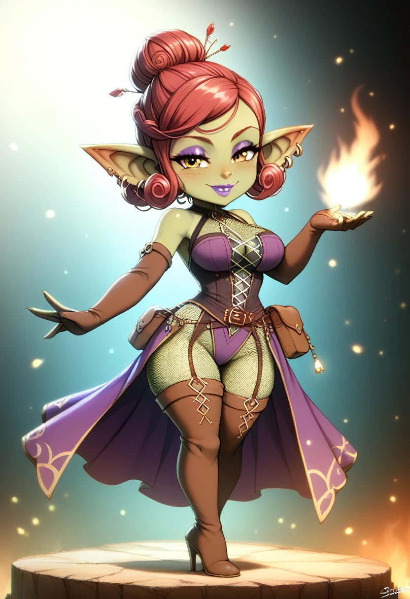 Girl, goblin girl, goblin, green skin, short, short stature,short hair, red hair, curly hair, large breasts, long gloves, thigh boots, pouty lips, masterpiece, best quality, sexy, dynamic pose, 8k, shortstack, sfw, shiny, fantasy, dungeons and dragons, high heels,  fishnets, holding, dark green skin, adventurer, sexy pose, sorcerer, sorceress, pyromancer, fire, magic, long detailed sexy colorful dress, thigh pouch, very curly hair, lots of belts, updo hairstyle, lipstick, rosy cheeks, smile, eyeshadow, eye liner 