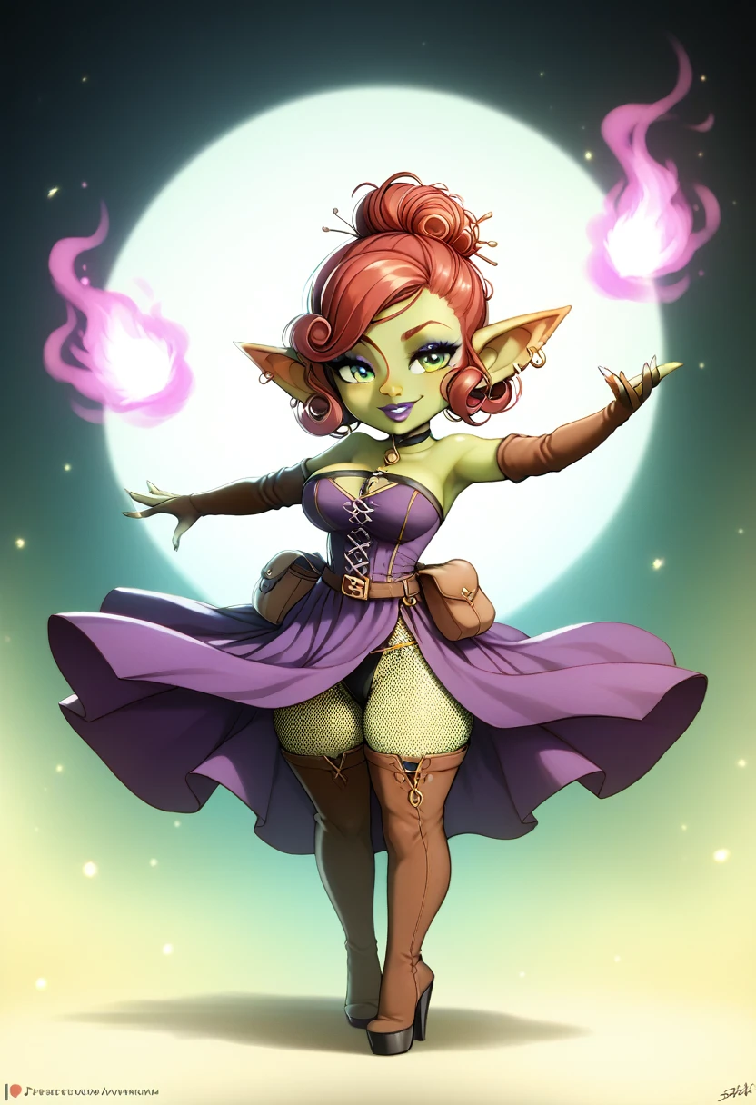 Girl, goblin girl, goblin, green skin, short, short stature,short hair, red hair, curly hair, large breasts, long gloves, thigh boots, pouty lips, masterpiece, best quality, sexy, dynamic pose, 8k, shortstack, sfw, shiny, fantasy, dungeons and dragons, high heels,  fishnets, holding, dark green skin, adventurer, sexy pose, sorcerer, sorceress, pyromancer, fire, magic, long detailed sexy colorful dress, thigh pouch, very curly hair, lots of belts, updo hairstyle, lipstick, rosy cheeks, smile, eyeshadow, eye liner 