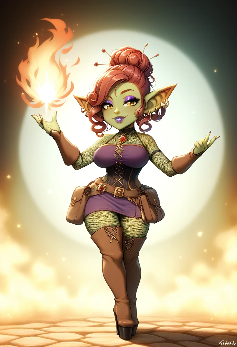 Girl, goblin girl, goblin, green skin, short, short stature,short hair, red hair, curly hair, large breasts, long gloves, thigh boots, pouty lips, masterpiece, best quality, sexy, dynamic pose, 8k, shortstack, sfw, shiny, fantasy, dungeons and dragons, high heels,  fishnets, holding, dark green skin, adventurer, sexy pose, sorcerer, sorceress, pyromancer, fire, magic, long detailed sexy colorful dress, thigh pouch, very curly hair, lots of belts, updo hairstyle, lipstick, rosy cheeks, smile, eyeshadow, eye liner 