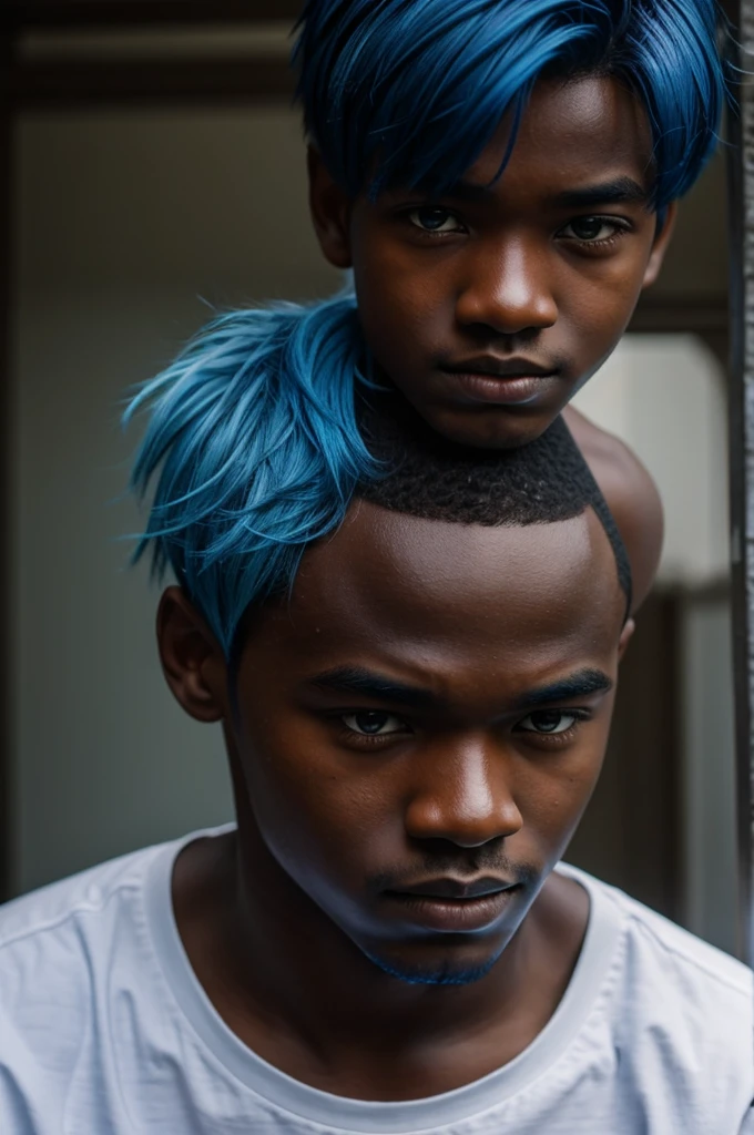 Boy of medium height with blue hair and dark skin