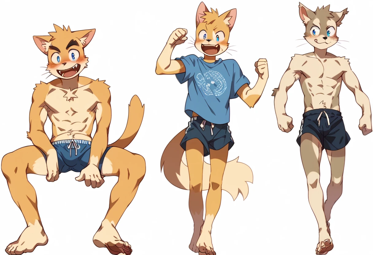 score_9, score_8_up, score_7_up, male, furry, full body, high quality, hires, anthro, teenager, , domestic cat, yellow fur, blue eyes, handsome, excited expression, humanoid feet, shirtless, slim body, slender body, prominent v-line, prominent abs, prominent legs, prominent forearms, prominent knees, white background, treasure trail, armpit hair, furry legs, bulge, in various poses, dick, showing off his abs, casual clothes